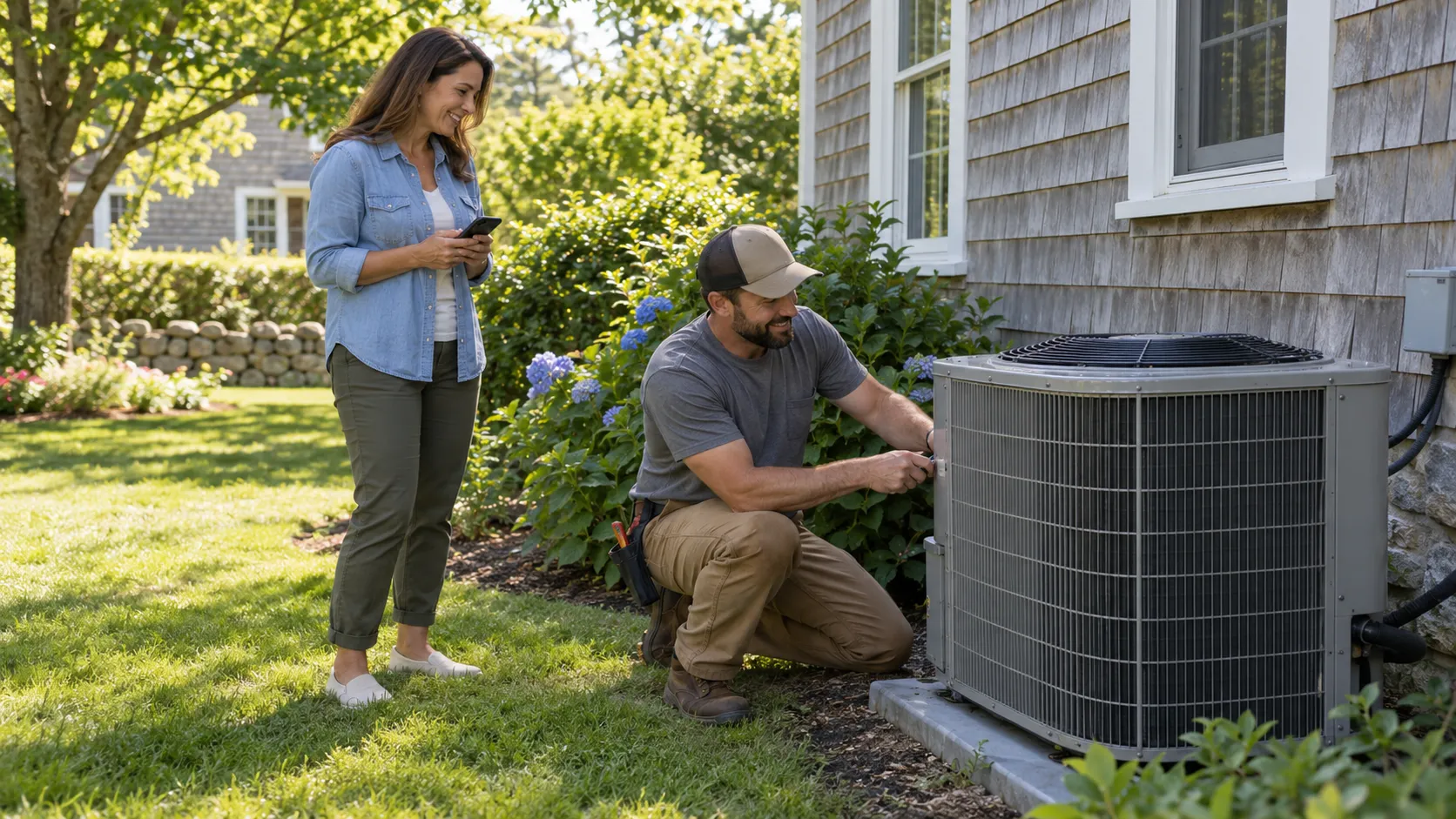 Independent HVAC provider inspecting an outdoor air conditioner at a home in Newton