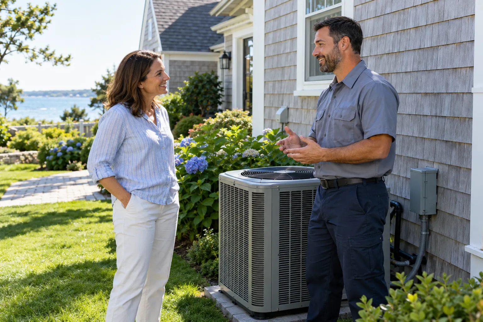 Homeowner checking an outdoor AC unit in Newton